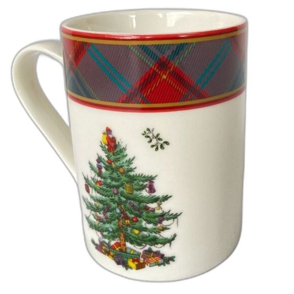 SPODE Mug Tartan Christmas Tree White Red Green Cup 8 oz - Picture 3 of 9